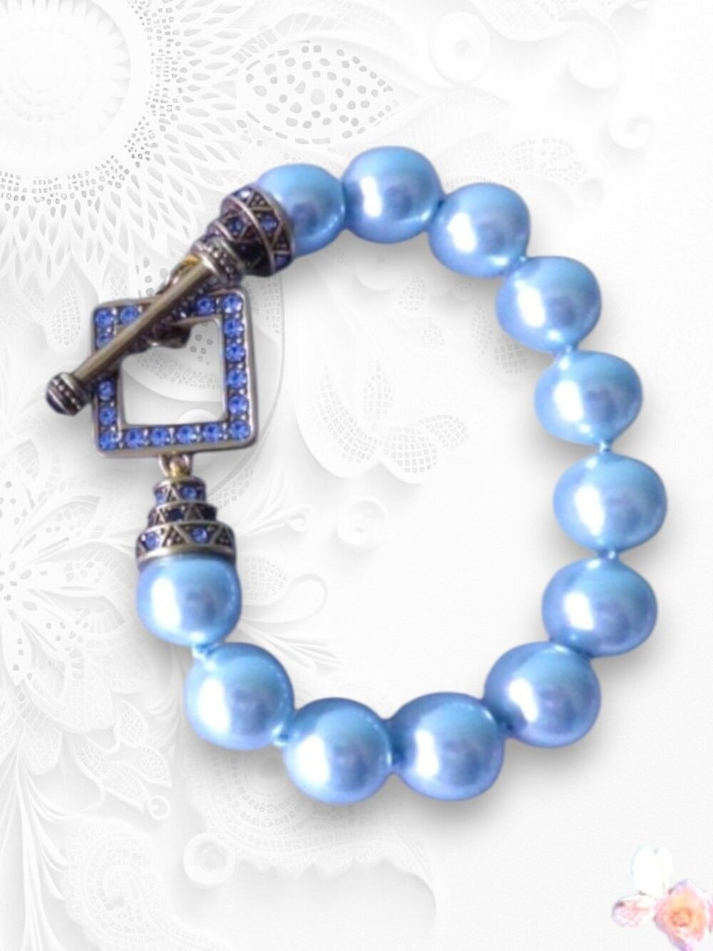 Heidi Daus Powder Blue Faux Pearl Rhinestone Bracelet Crystal Toggle Designer